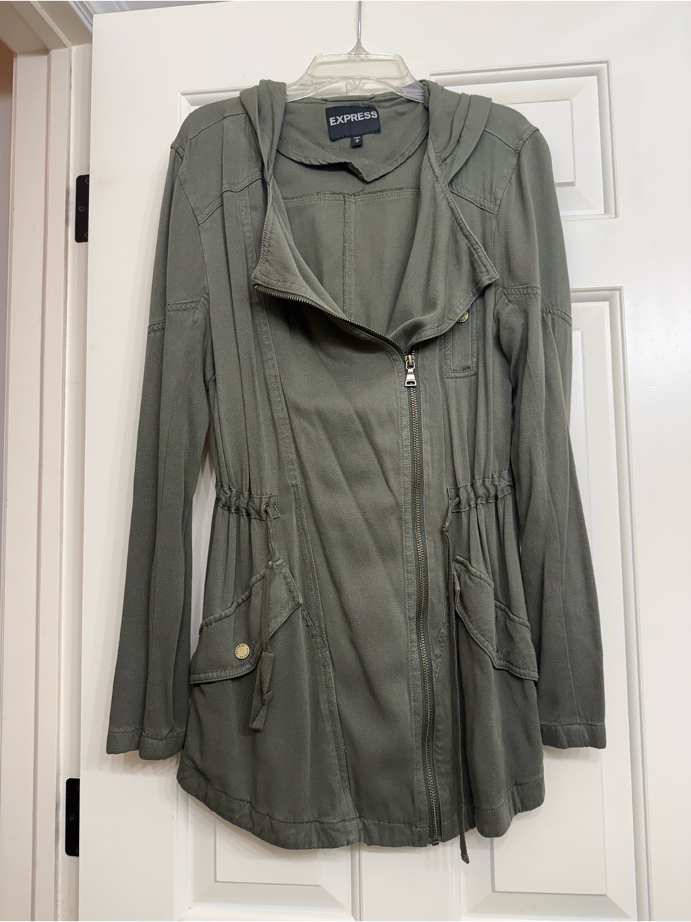 Express Olive Green Hooded Utility Jacket with Drawstring Waist
